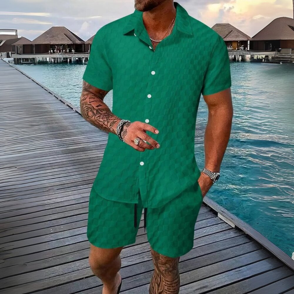 Men's GreenCollared Neck Short Sleeve Top & Shorts Resort Outfit